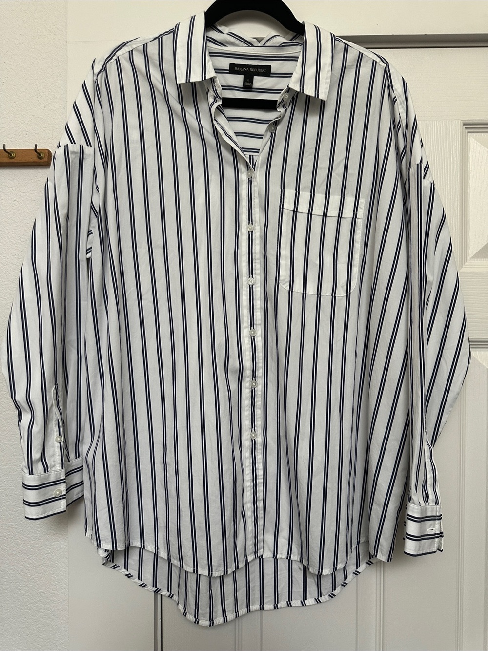 Banana Republic White Shirt with Navy Vertical Stripes